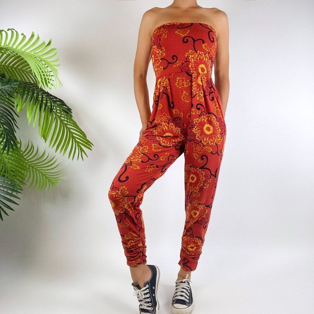 Women's Vintage Orange Bohemian Fairy Grunge Bandeau Hippie Jumpsuit / Sz: S
